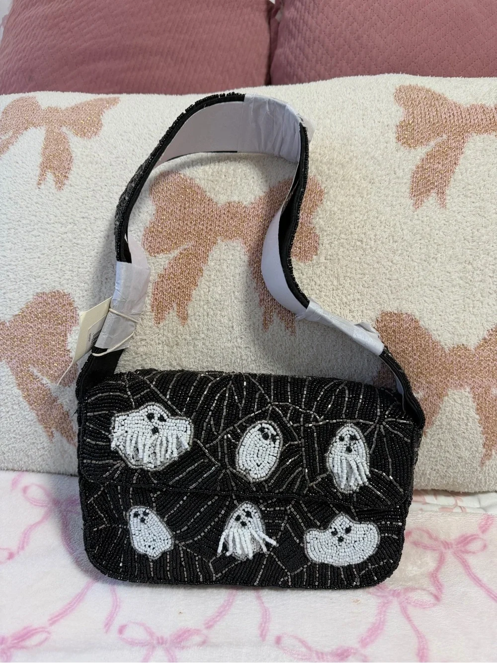 Black Beaded Shoulder Bag with White Ghost Motif